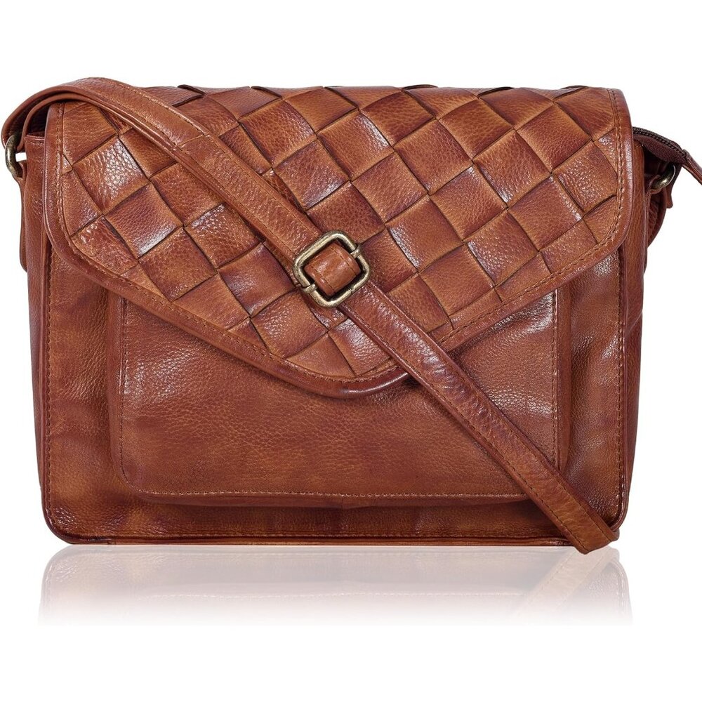 〽️Women Tan Weaving Large Leather Flapover Crossbody Handbag Adjustable Strap